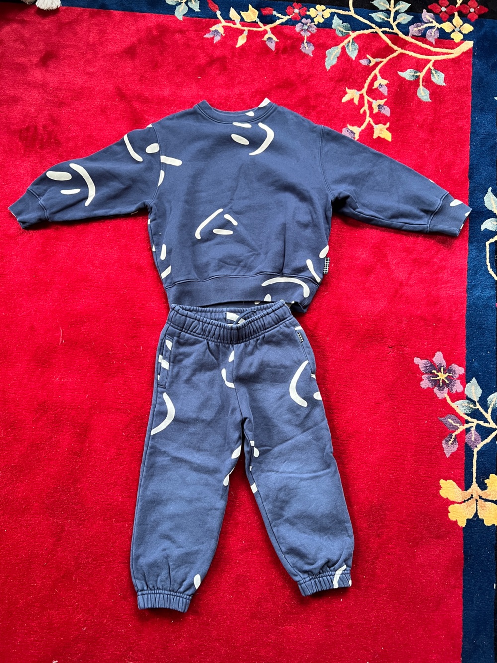 Molo Navy Sweatpants & Joggers with Cream Smiley Prints